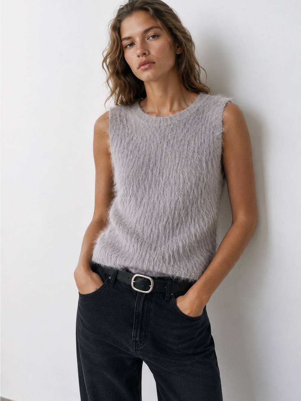 ZARA NWT Fuzzy Eyelash Knit Sleeveless Sweater Tank Light Gray Soft Textured Top